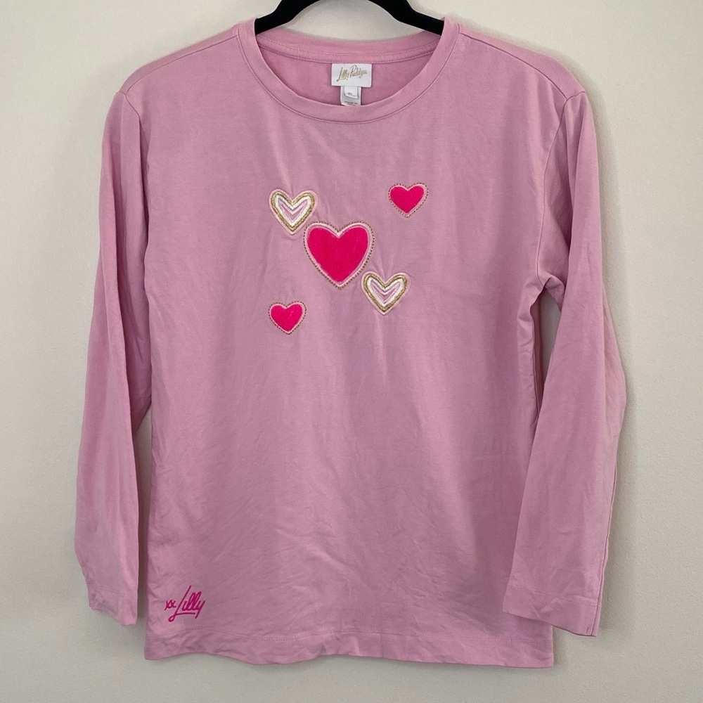 Lilly Pulitzer Girls Mini Ballad Sweatshirt Pink Hearts Lightweight size XL